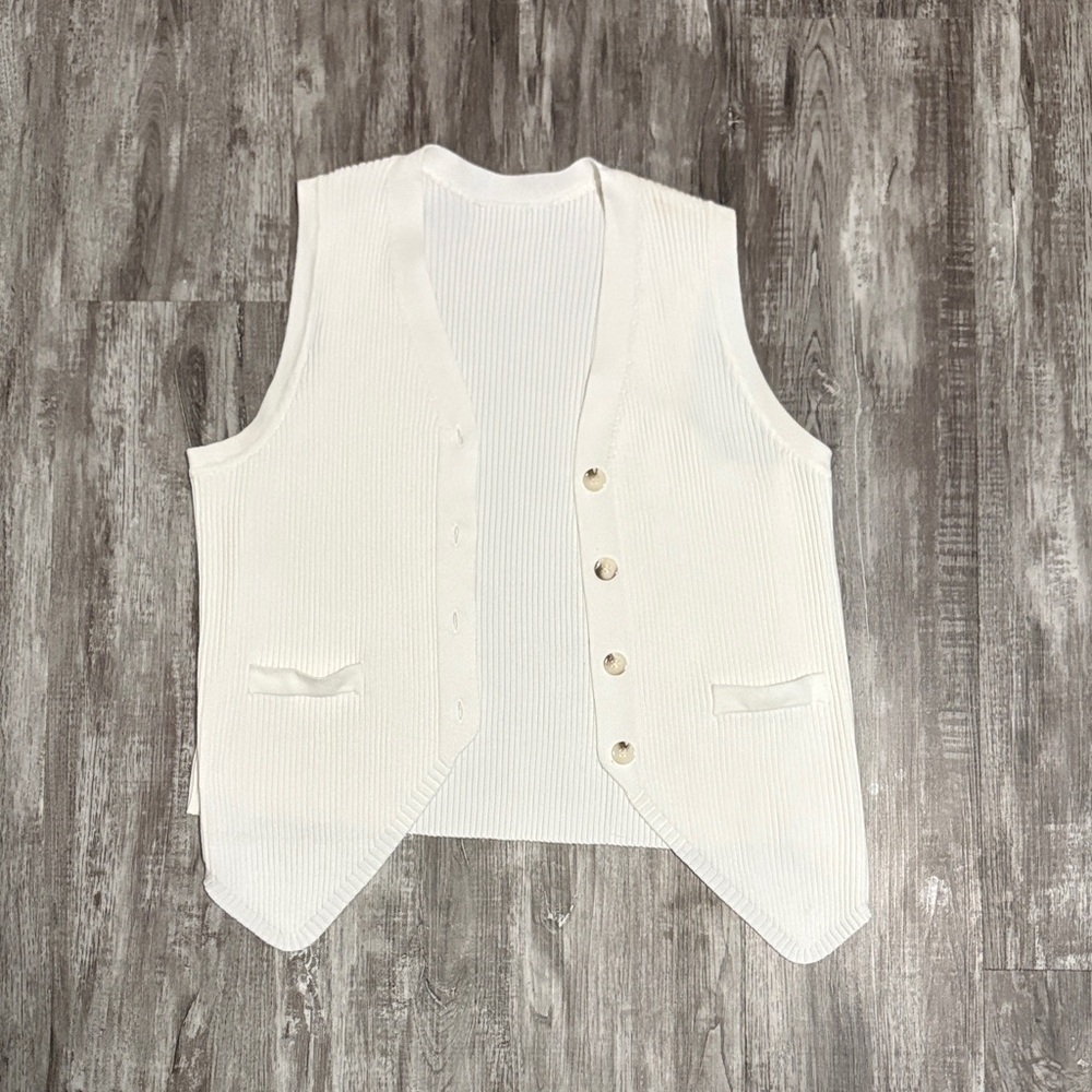 White Ribbed Button-Up Vest